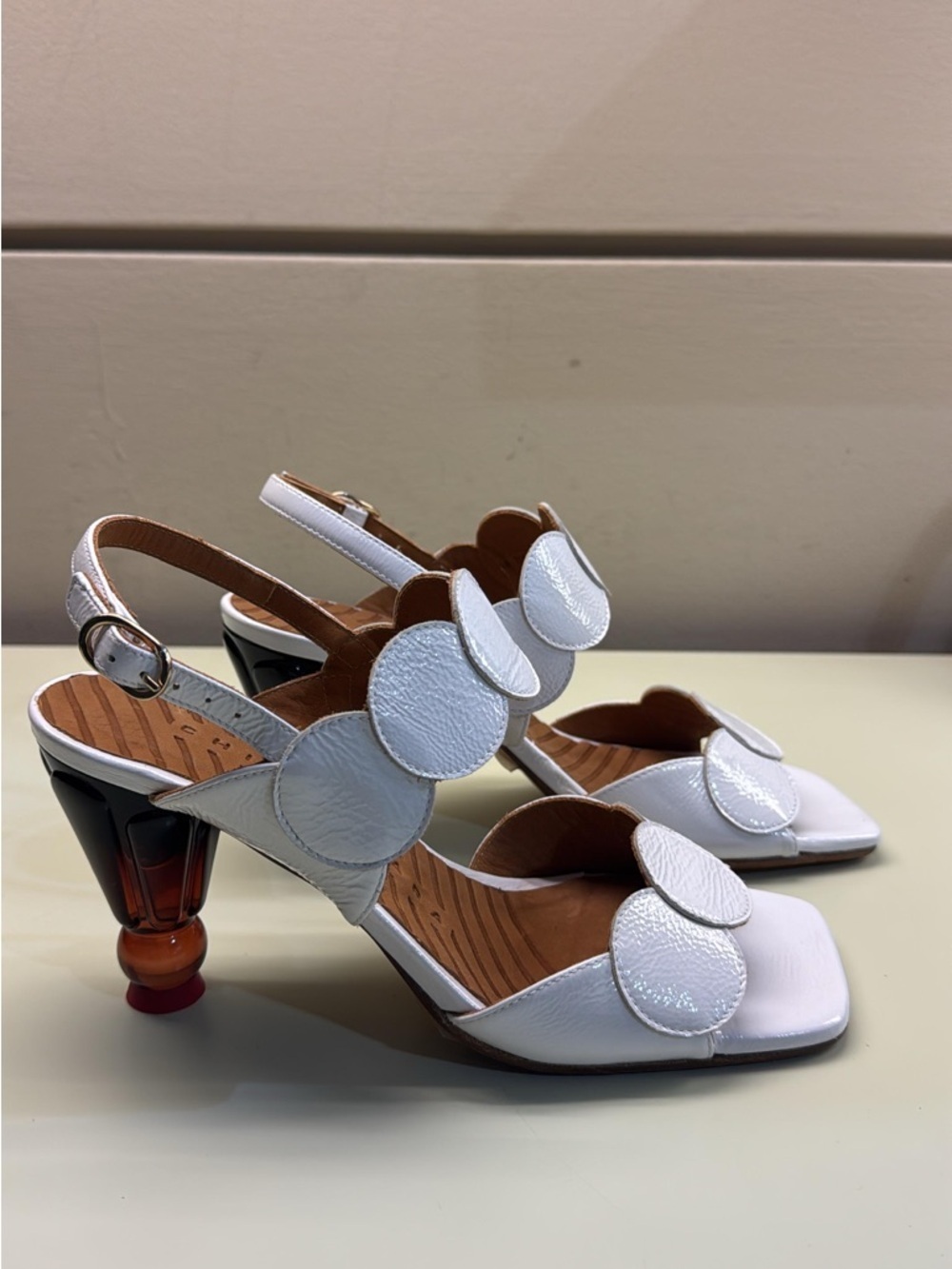 Chie Mihara White Leather Slingback Heels with Decorative Circles blue tint